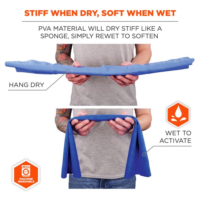 Stiff when dry, soft when wet. PVA material will dry stiff like a sponge, simply rewet to soften. Hang dry and machine washable