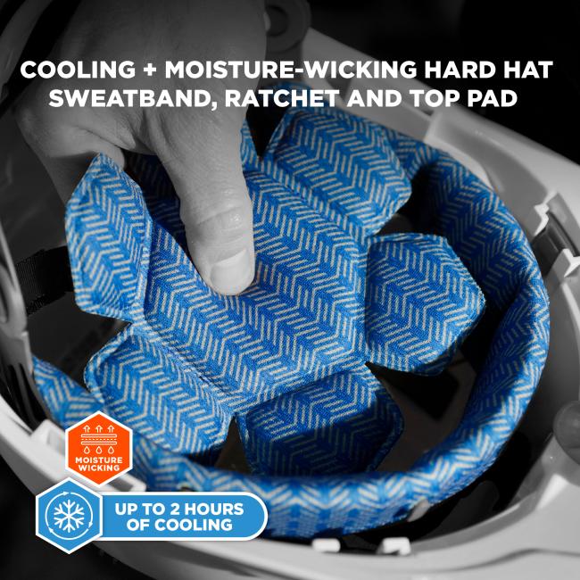 Cooling and moisture-wicking hard hat sweatband, ratchet and top pad. Features moisture-wicking performance and provides up to 2 hours of cooling.