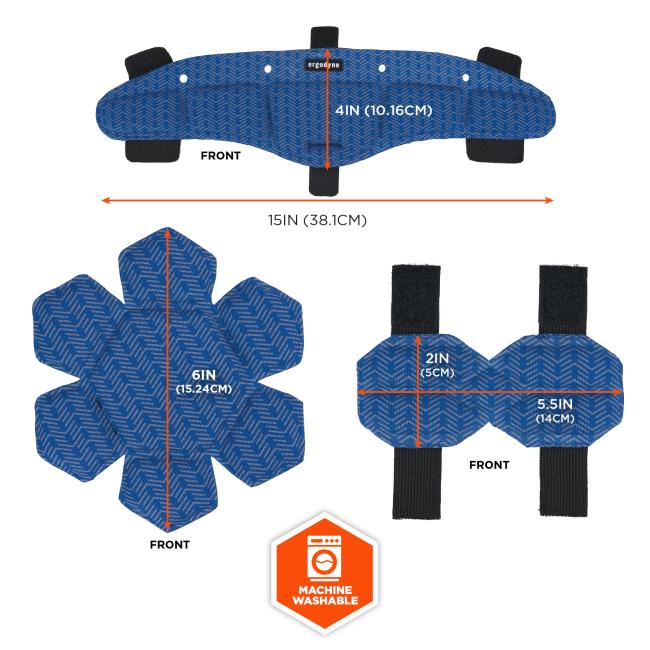 Product dimensions are shown. Sweatband measures 15IN (38.1CM) wide and 4IN (10.16CM) tall. Top pad measures 6IN (15.24CM). Ratchet pad measures 5.5IN (14CM) wide and 2IN (5CM) tall. Machine washable.