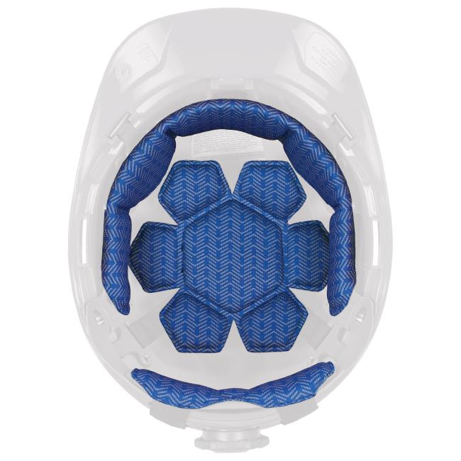 Interior view of the hard hat with the cooling sweatband and top pad installed, showing full coverage inside the helmet.