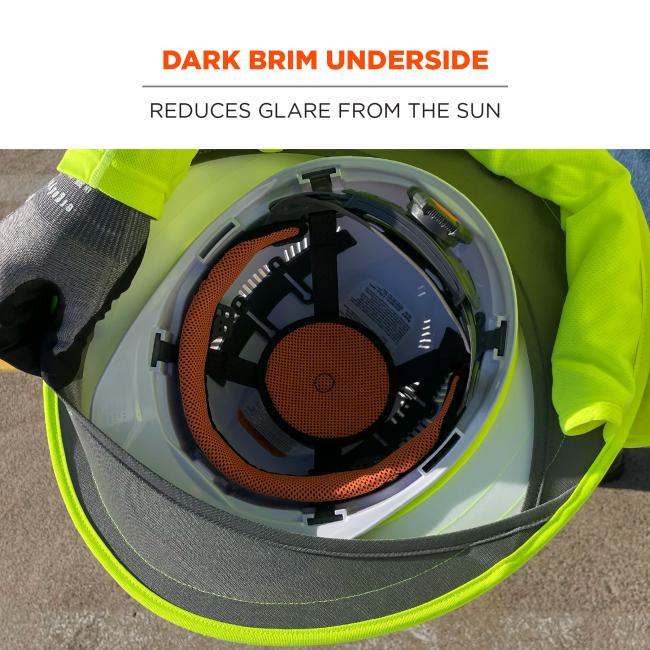 Dark brim underside reduces glare from the sun, improving visibility and comfort when working in bright conditions.