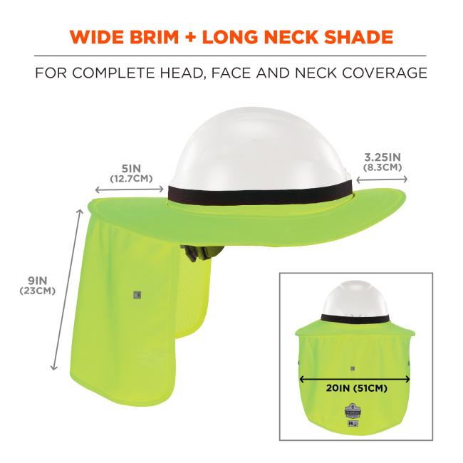 Wide brim and long neck shade provide complete head, face, and neck coverage. Dimensions shown include 5IN (12.7CM) brim extension on one side, 3.25IN (8.3CM) on the other, 9IN (23CM) neck shade length, and 20IN (51CM) total width across the neck shade.
