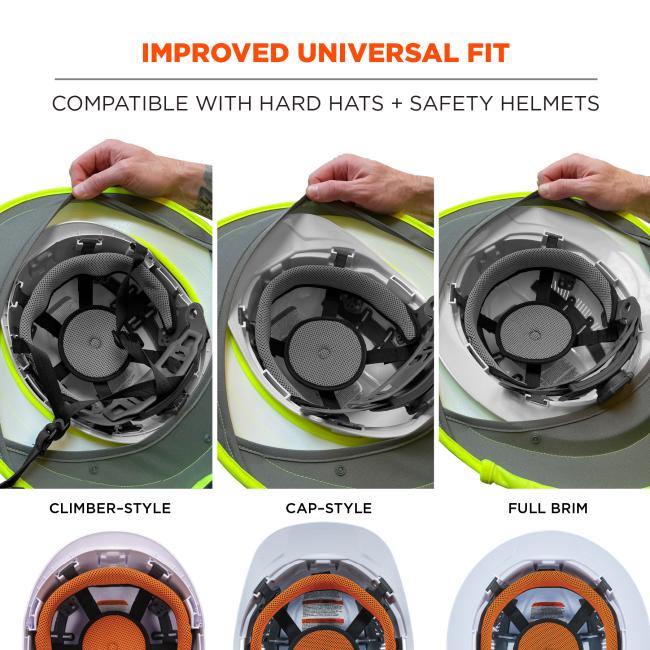 Improved universal fit. Compatible with hard hats and safety helmets, including climber-style, cap-style, and full brim helmets.
