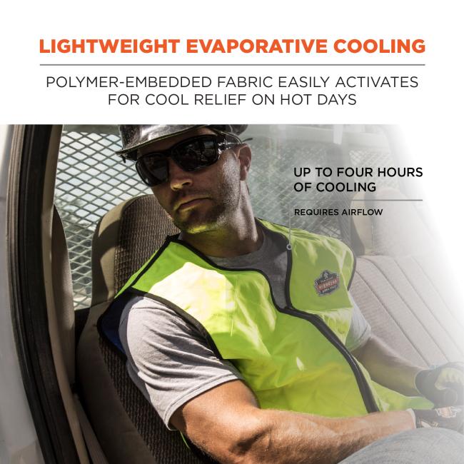 Lightweight evaporative cooling: polymer embedded fabric easily activates for cool relief on hot days. Up to four hours of cooling, requires airflow