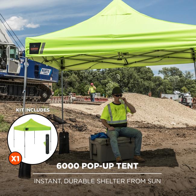 kit includes 6000 pop-up tent that provides instant durable shelter from sun.