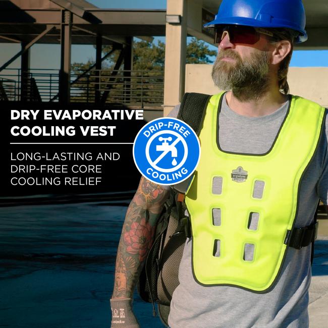 Dry evaporative cooling vest. Provides long-lasting and drip-free core cooling relief. Drip-free cooling feature is highlighted.