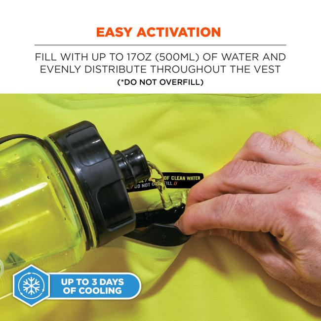 Easy activation instructions. Fill with up to 17OZ (500ML) of water and evenly distribute throughout the vest. Do not overfill. Provides up to 3 days of cooling.