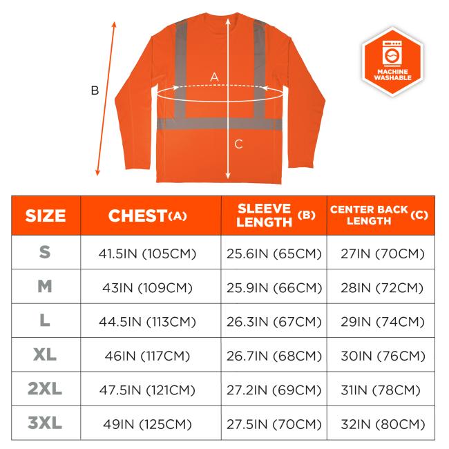 Size Chart: Small (S): Chest 41.5IN (105CM), Sleeve Length 25.6IN (65CM), Center Back Length 27IN (70CM). Medium (M): Chest 43IN (109CM), Sleeve Length 25.9IN (66CM), Center Back Length 28IN (72CM). Large (L): Chest 44.5IN (113CM), Sleeve Length 26.3IN (67CM), Center Back Length 29IN (74CM). Extra Large (XL): Chest 46IN (117CM), Sleeve Length 26.7IN (68CM), Center Back Length 30IN (76CM). 2X Large (2XL): Chest 47.5IN (121CM), Sleeve Length 27.2IN (69CM), Center Back Length 31IN (78CM). 3X Large (3XL): Chest