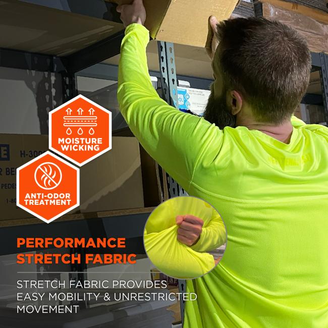 Performance Stretch Fabric: Stretch fabric provides easy mobility and unrestricted movement, featuring moisture-wicking and anti-odor treatment.