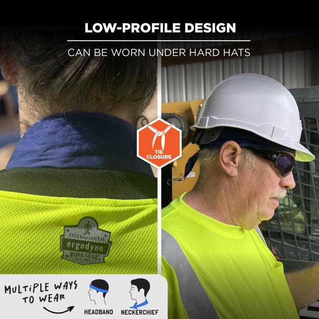 Low profile design: can be worn under hard hats. Multiple ways to wear, headband or neckerchief. Tie closure