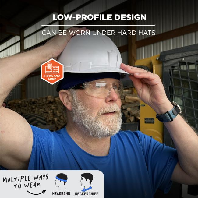 Low profile design: can be worn under hard hats. Multiple ways to wear, headband or neckerchief. Hook and loop closure