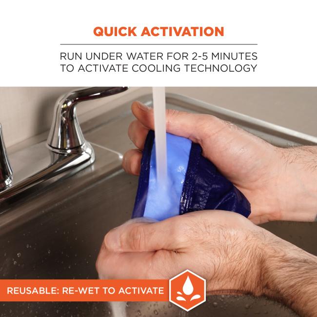 Quick activation: soak in water for 2-5 minutes to activate cooling technology. Reusable, re-wet to activate.
