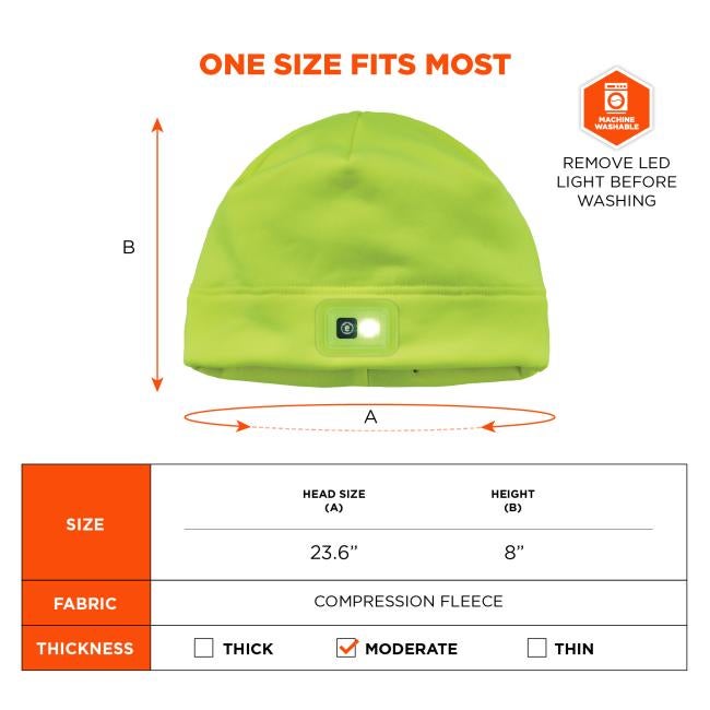 One Size Fits Most: The hat has a head size of 23.6 inches and a height of 8 inches. It is made from compression fleece with moderate thickness. Remove the LED light before washing.
