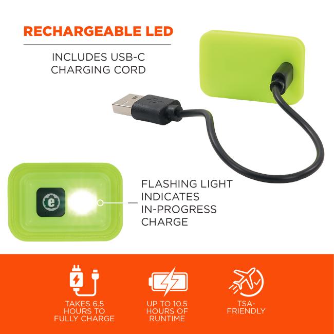Rechargeable LED: Includes a USB-C charging cord. A flashing light indicates charging in progress. It takes 6.5 hours to fully charge, provides up to 10.5 hours of runtime, and is TSA-friendly.
