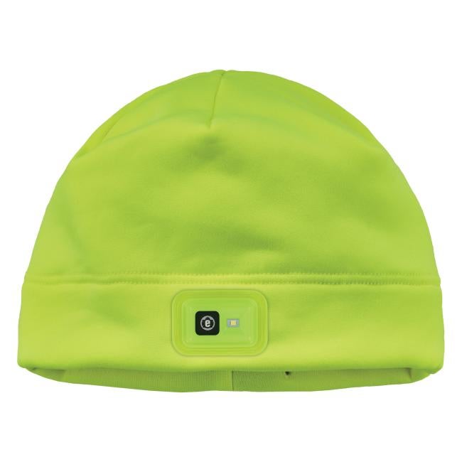 Front of lime winter skull cap with led light off