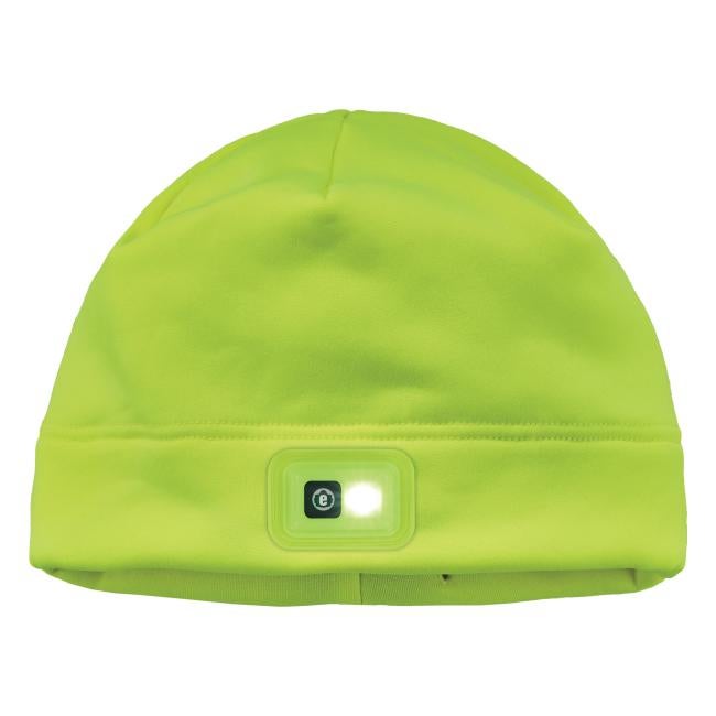 Front of lime winter skull cap with led light on
