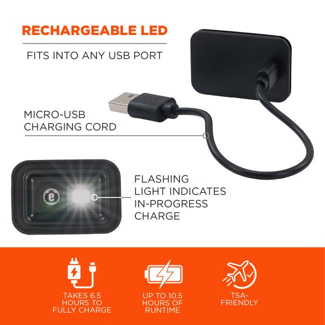 Rechargeable LED: Micro-USB charging cord fits into any usb port. Flashing light indicates in-progress charge. Takes 6.5 hours to fully charge. Up to 10.5 hours of runtime. TSA-friendly.