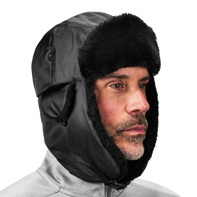 Black trapper hat on model