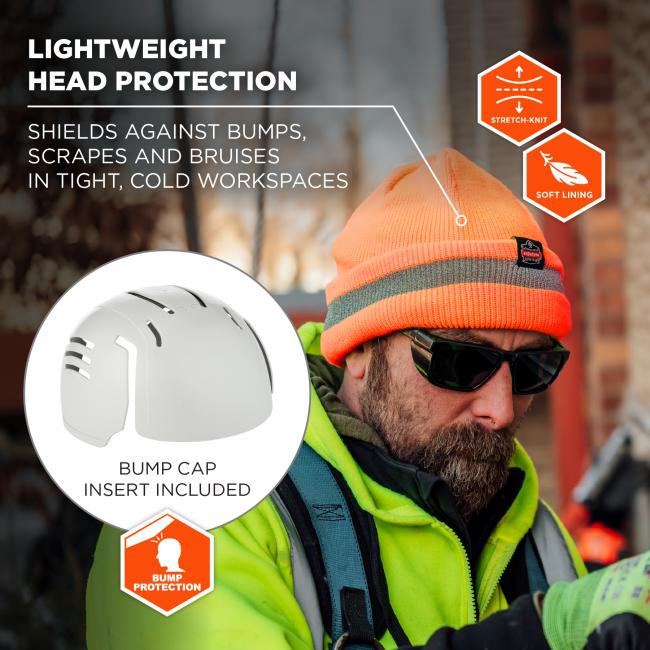 Lightweight head protection: shields against bumps, scrapes and bruises in tight, cold workspaces. Rib knit winter hat features a stretch fit, soft interior lining with a bump cap insert included.