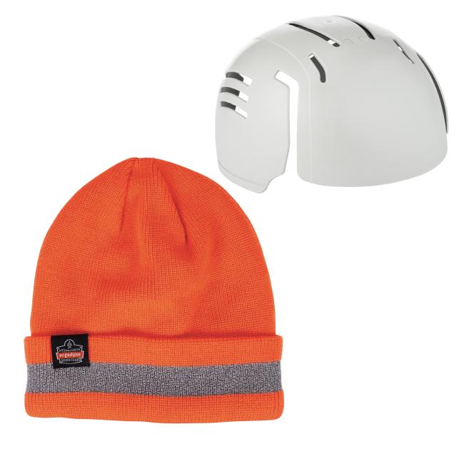 Orange reflective rib knit winter hat and bump cap insert