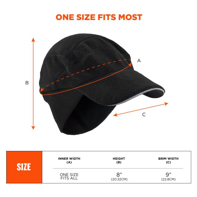 One Size Fits Most: Inner width (A) is one size fits all, height (B) is 8 inches (20.32 cm), and brim width (C) is 9 inches (22.8 cm).