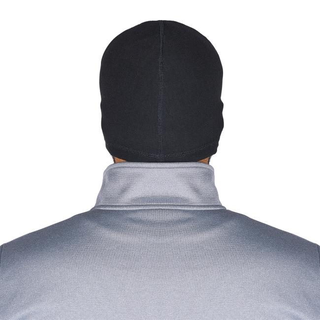 Back of a head wearing a black fitted cap with a center seam, gray sweatshirt collar visible