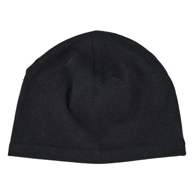 Black knit beanie with visible center seam and stitched hem on white background