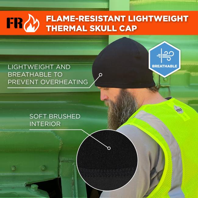 Bearded man in a neon yellow safety vest wearing a black skull cap against green corrugated metal, with a circular fabric close-up.