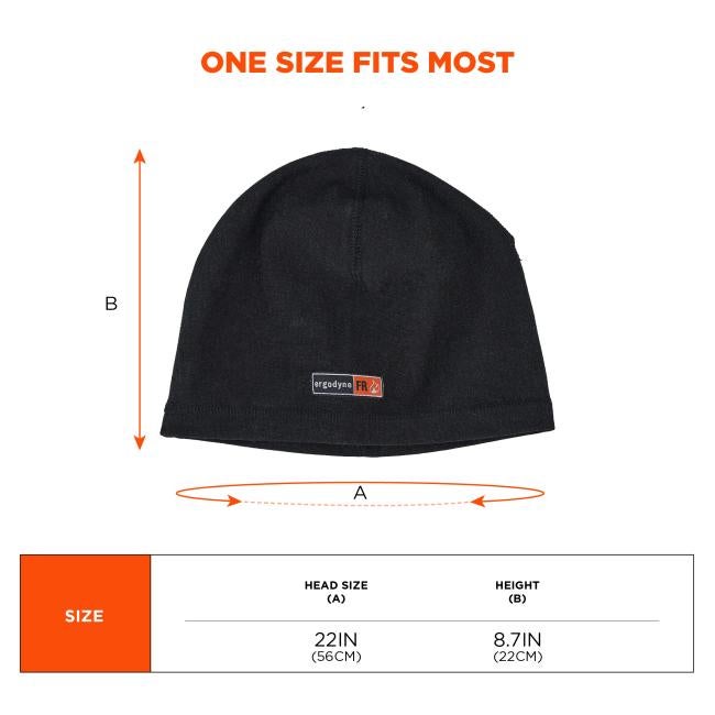 Black knit hat top with a small rectangular label, orange "ONE SIZE FITS MOST" text above, and orange measurement arrows and size chart below