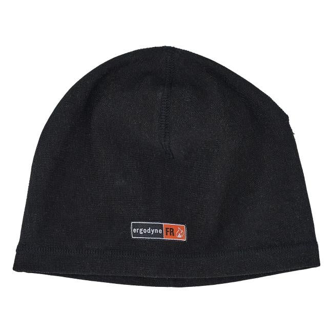 Black knit beanie with a vertical center seam and a small black-and-orange rectangular stitched patch near the hem.