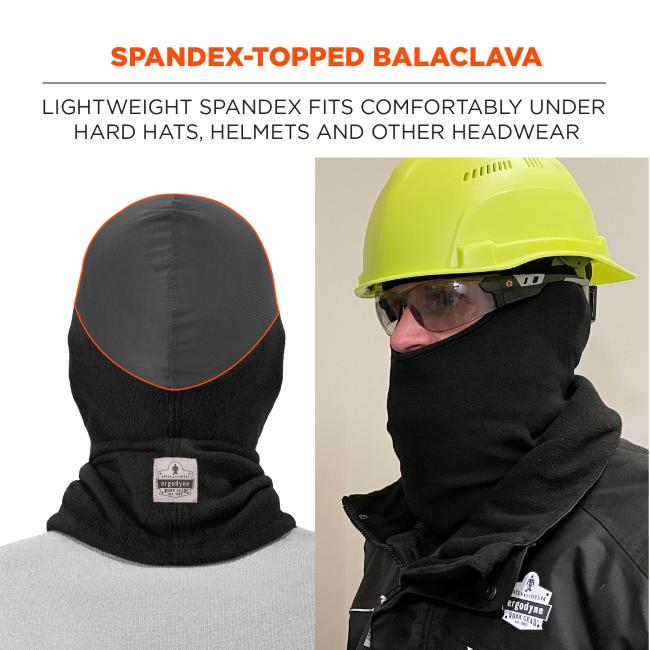 Spandex-Topped Balaclava: Lightweight spandex fits comfortably under hard hats, helmets, and other headwear.