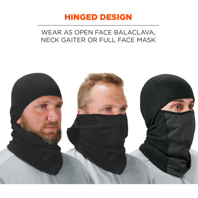 Hinged Design: The versatile hinged design allows it to be worn as an open-face balaclava, neck gaiter, or full-face mask.