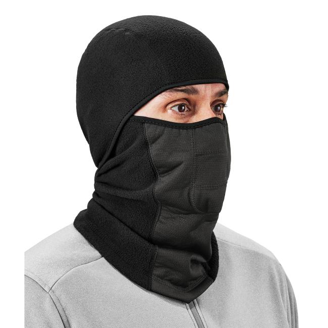 3q view of a wind-proof hinged black balaclava face mask on a model