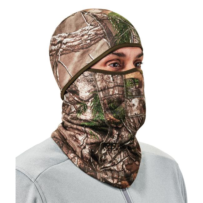 3q view of a wind-proof hinged camo balaclava face mask on a model