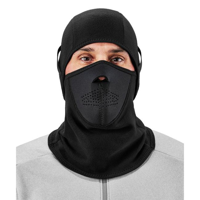 Front view of a black 2-piece fleece balaclava face mask on a model