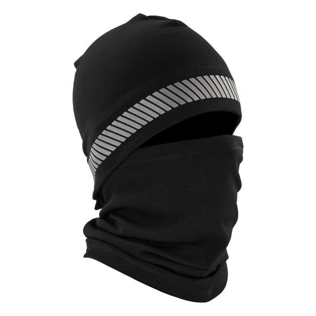 3q view of black reflective balaclava face mask