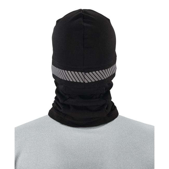 Back of reflective balaclava face mask on model