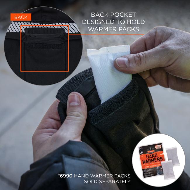 Back Pocket Warmer: The back pocket is designed to hold warmer packs. 6990 hand warmer packs are sold separately.