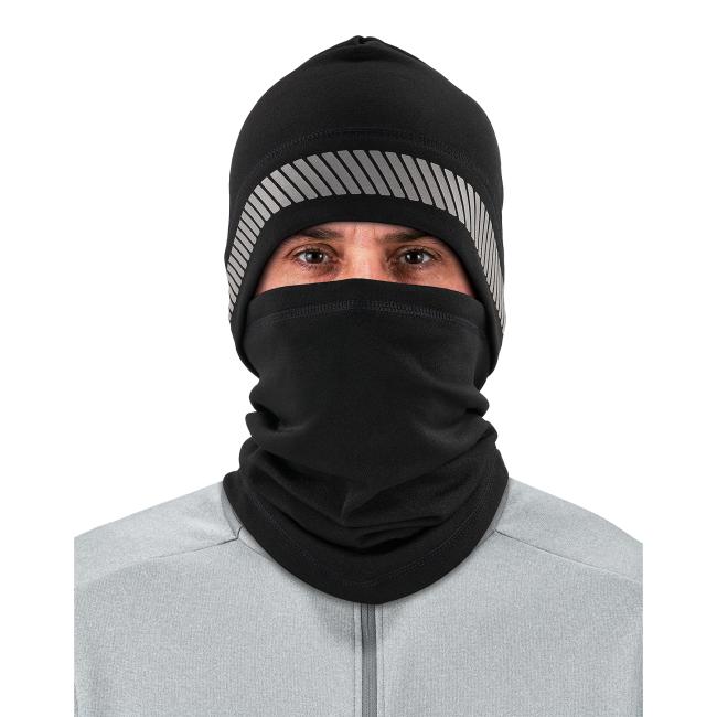 Front of black reflective balaclava face mask on model
