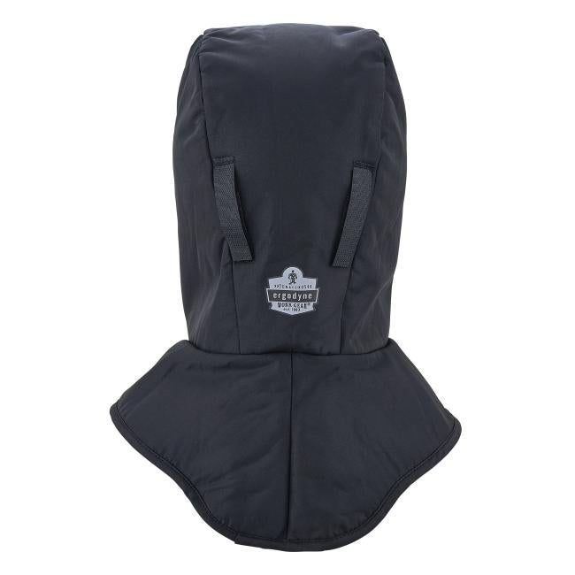 Black padded hood with wide cape-like neck protector, two stitched fabric loops and a small round logo patch
