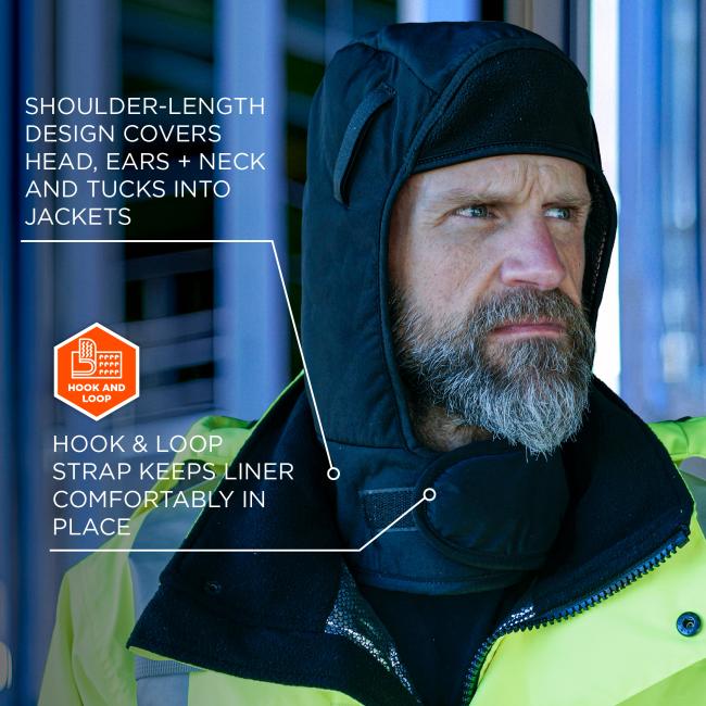 Close-up of a bearded man wearing a black hood liner with hook-and-loop strap tucked into a neon yellow jacket