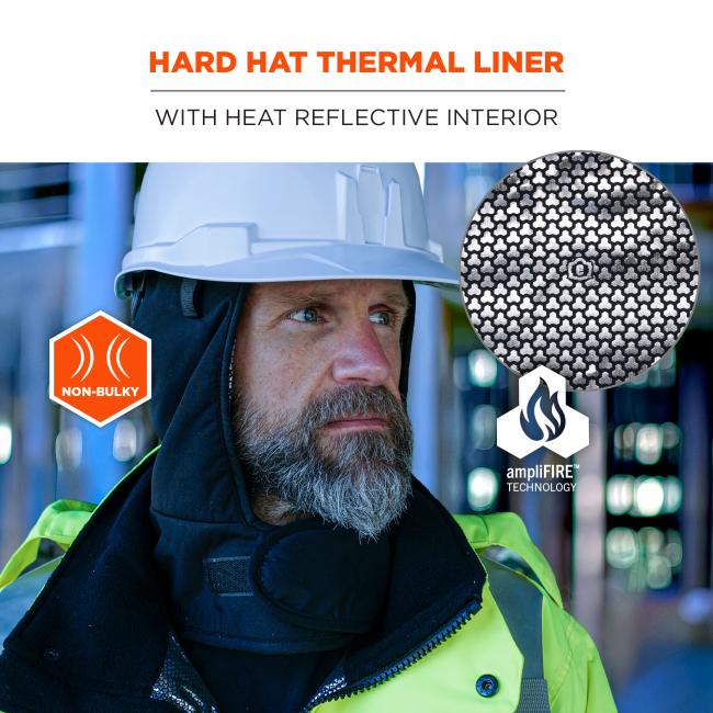 Close-up of man wearing a white hard hat and black thermal liner hood with high-visibility jacket; inset shows patterned reflective fabric.