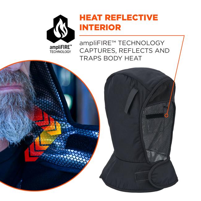 Black hood with textured reflective interior, circular inset of a bearded man, hexagonal flame logo and 'HEAT REFLECTIVE INTERIOR' text.