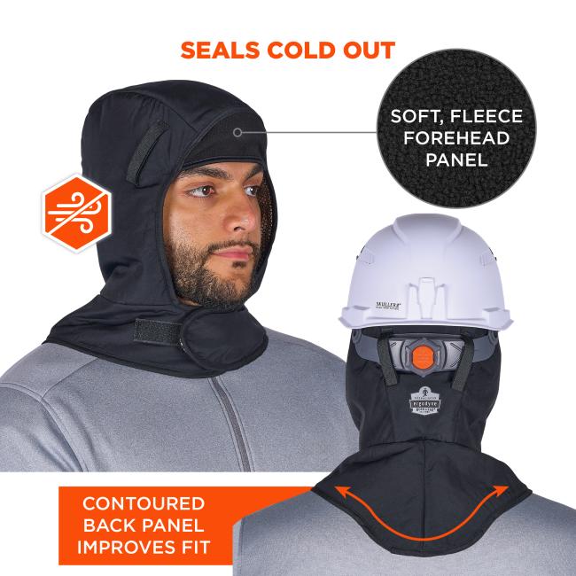 Male model wearing a black hood with a fleece forehead panel; a white hard hat shown over the back of the hood with an orange dial.