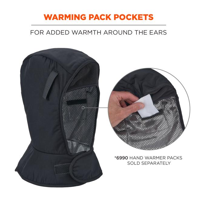 Black hooded head covering with reflective inner honeycomb lining; inset shows hand placing a white warming pack into an ear pocket.