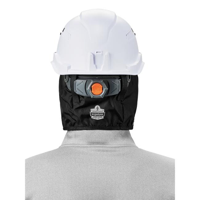 Back of winter hard hat liner on model under a hard hat.