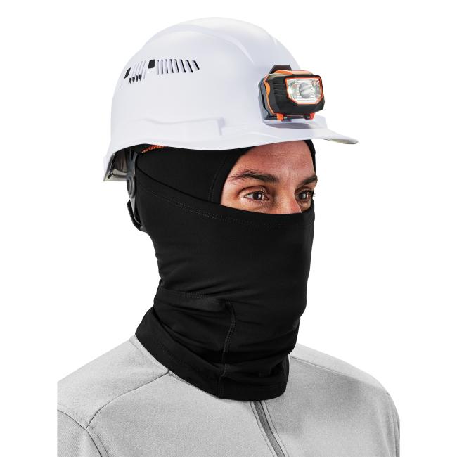 3q view of black dual layer balaclava face mask on model under a hard hat