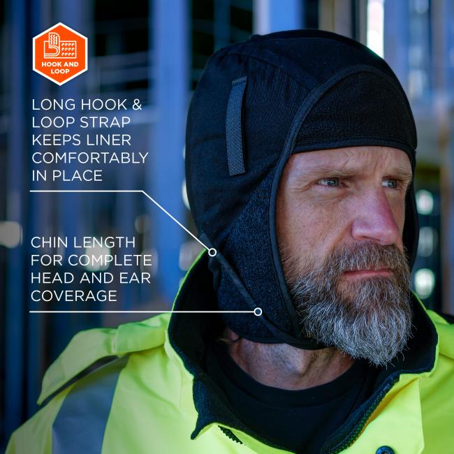 Close-up of bearded man wearing black hood with hook-and-loop strap and neon hi-vis jacket; orange "hook and loop" badge at left.
