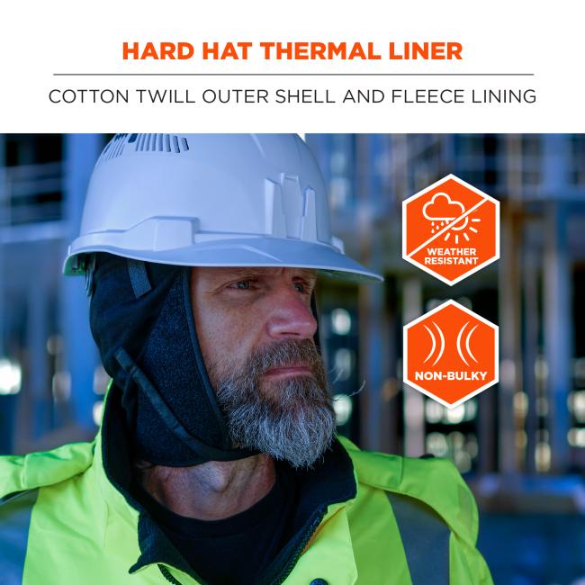 Man wearing white hard hat with black thermal liner hood and neon yellow jacket, orange weather-resistant and non-bulky icons
