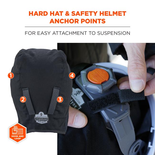 Close-up of a black helmet accessory and partial helmet; a hand adjusts a grey ratchet with an orange button and black hook-and-loop strap; orange numbered markers and headline text above